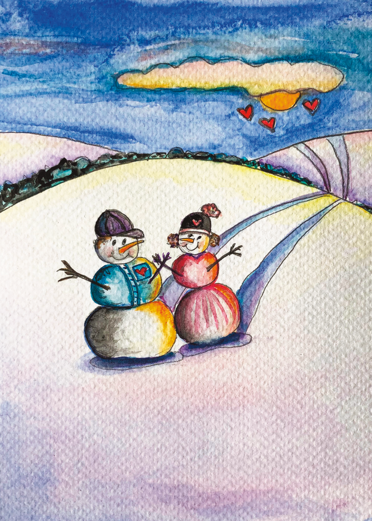 "Snow Couple at Sunset" Watercolor Art Print