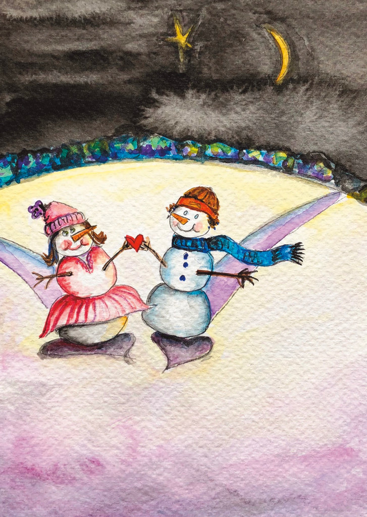 "Snow Couple with Pink Dress" Watercolor Art Print